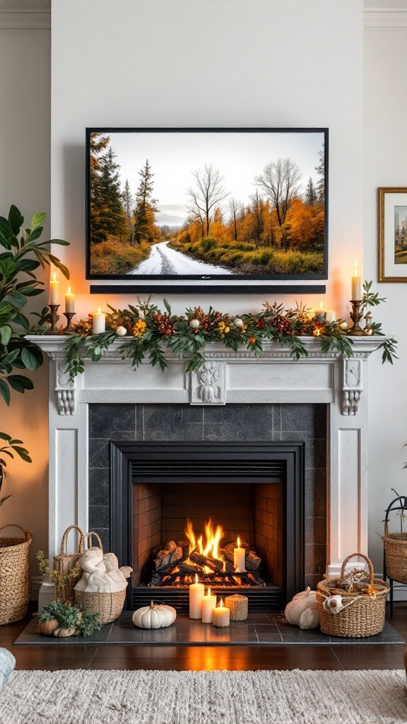 Cozy fireplace with a TV above, decorated with candles and seasonal decor