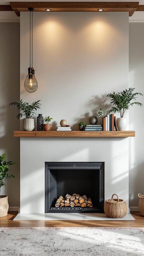 A modern fireplace mantle decorated with plants, books, and a pendant light, showcasing a cozy and stylish design.