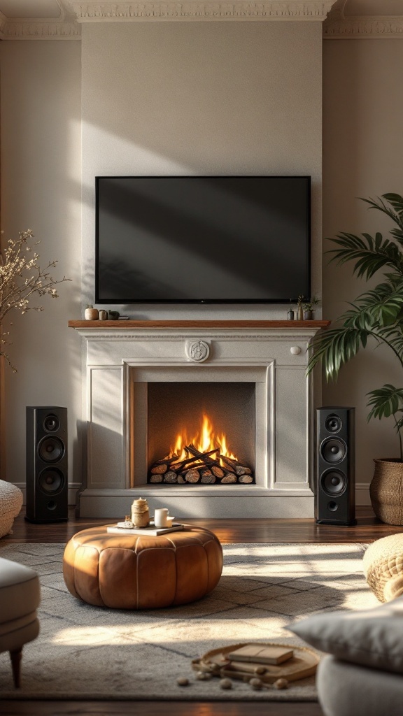 Cozy living room with a fireplace and a TV, featuring surround sound speakers.