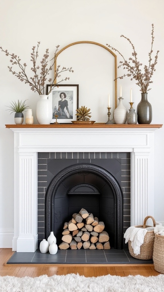 A styled fireplace mantle with vases, a photo frame, candles, and decorative accessories.