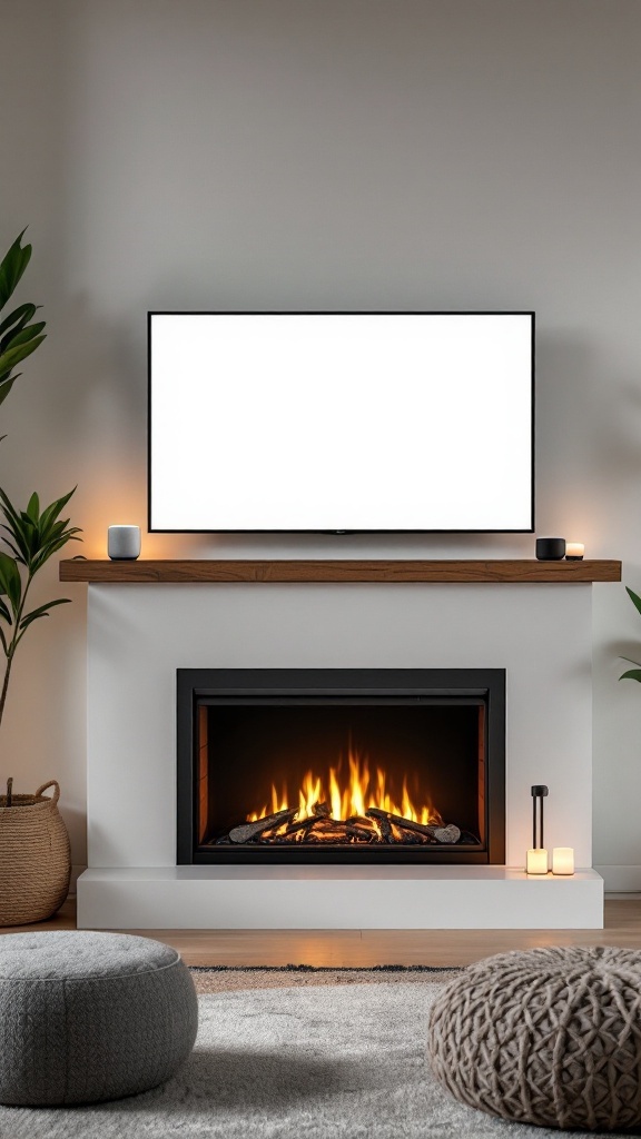 A modern fireplace area with a TV above and a cozy ambiance.