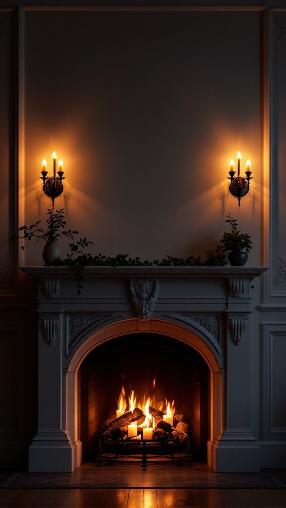 A cozy fireplace with wall sconces and candlelight, creating a warm ambiance.