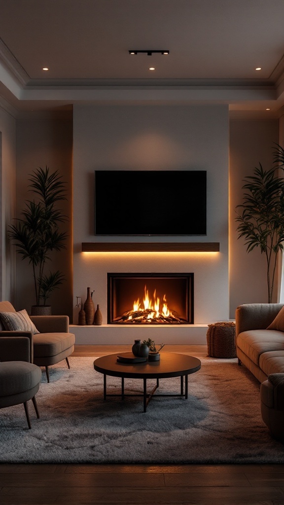 A cozy living room featuring a stylish fireplace with a TV above it, illuminated by soft lighting