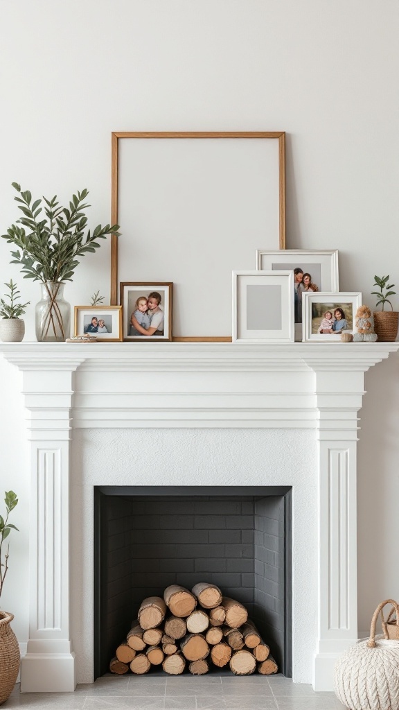 A cozy fireplace mantle with family photos, an empty frame, and decorative items.