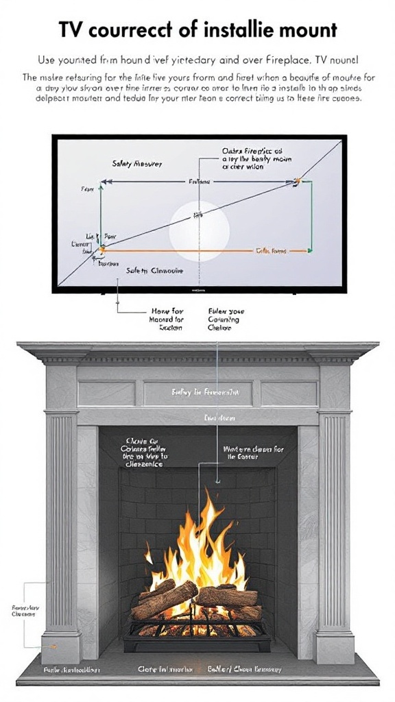 Illustration showing safety tips for installing a TV above a fireplace with measurements, clearance zones, and installation notes.