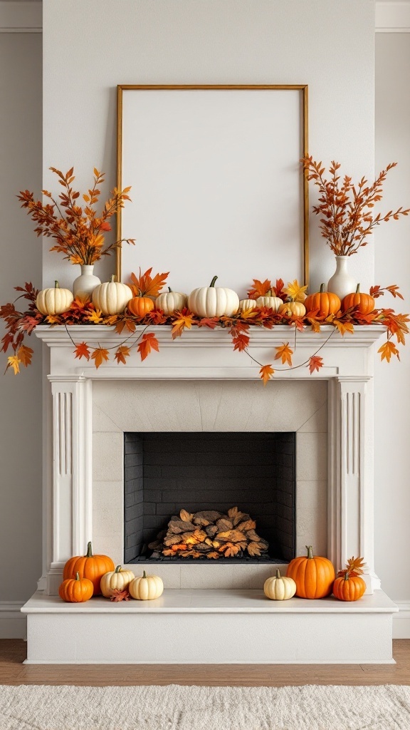 A beautifully decorated fireplace mantle for autumn featuring pumpkins and autumn leaves.