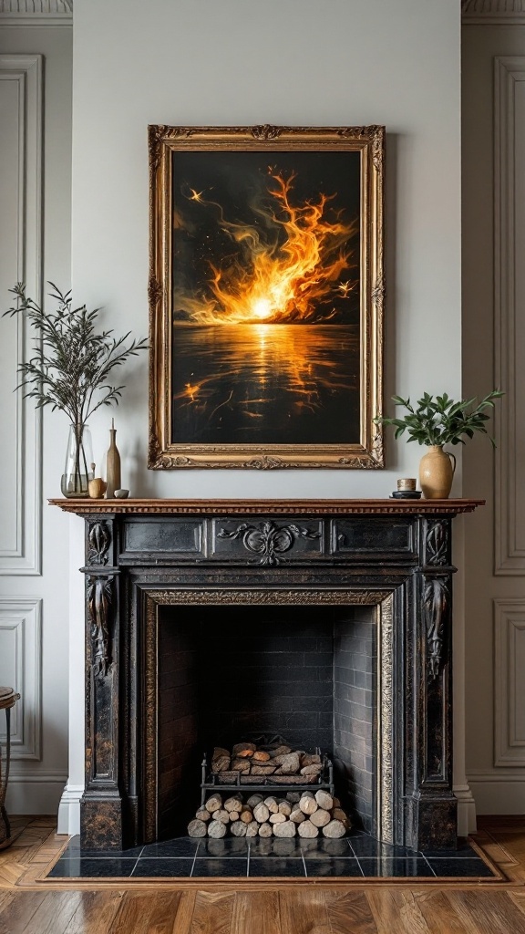 A black fireplace mantle with a fiery painting above it, showcasing an artistic focal point in a stylish room.