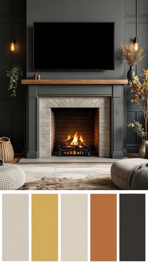 A modern fireplace with a TV above, featuring a color palette including beige, yellow, cream, rust, and charcoal.