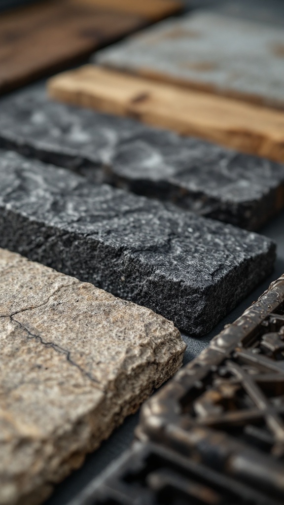 Various materials including stone and wood for updating a fireplace mantle.