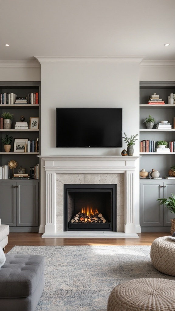 A modern living room featuring a fireplace with built-in shelving on either side, decorated with books and plants, and a TV mounted above.