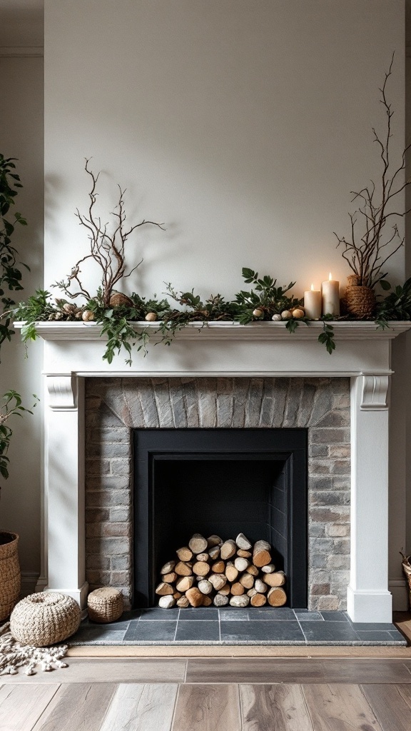 A fireplace mantle decorated with natural elements like branches, greenery, and candles, with logs stacked in the fireplace.