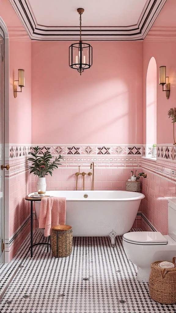 Art Deco style pink bathroom with freestanding tub and unique tile work