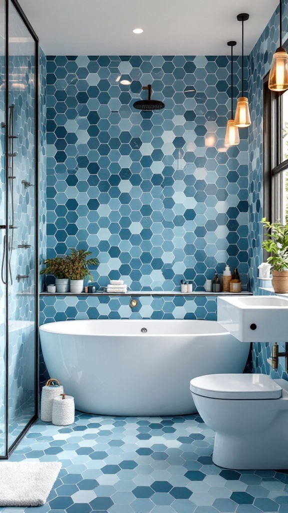 Bathroom with blue hexagonal tiles, modern fixtures, and a sleek bathtub