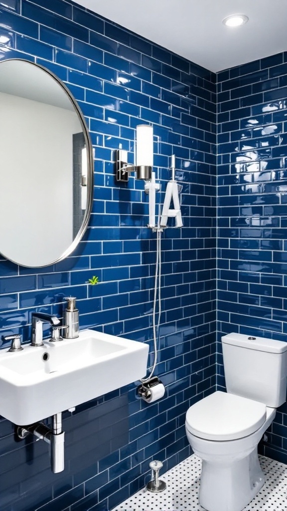 A modern bathroom featuring deep blue subway tiles, a round mirror, and a sleek sink.