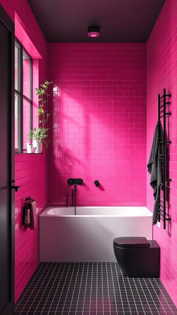 A modern bathroom featuring pink tiles, black fixtures, and a plant, showcasing a striking contrast.