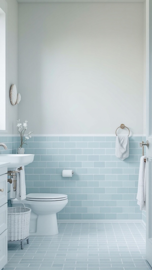 A light blue tiled bathroom with a minimalist design, featuring a sink, a toilet, and decorative elements that evoke a coastal vibe.