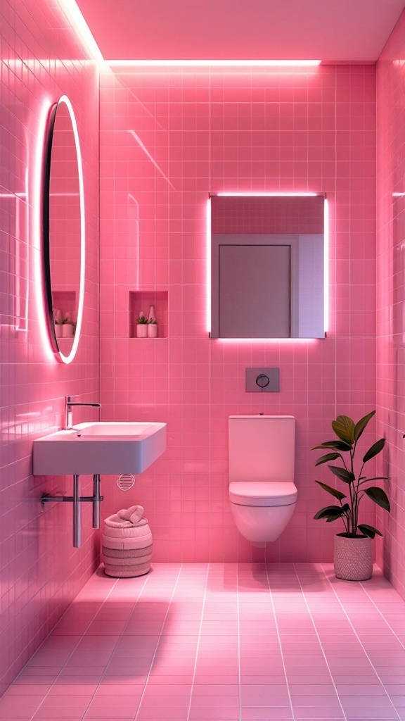 A modern pink tile bathroom with creative lighting and a plant.