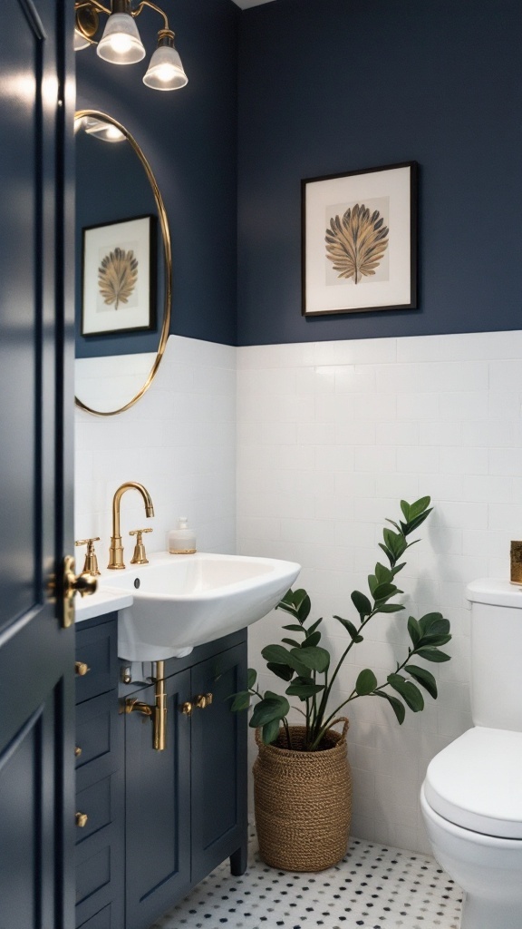 Bathroom featuring deep navy blue accent walls with gold fixtures and a plant