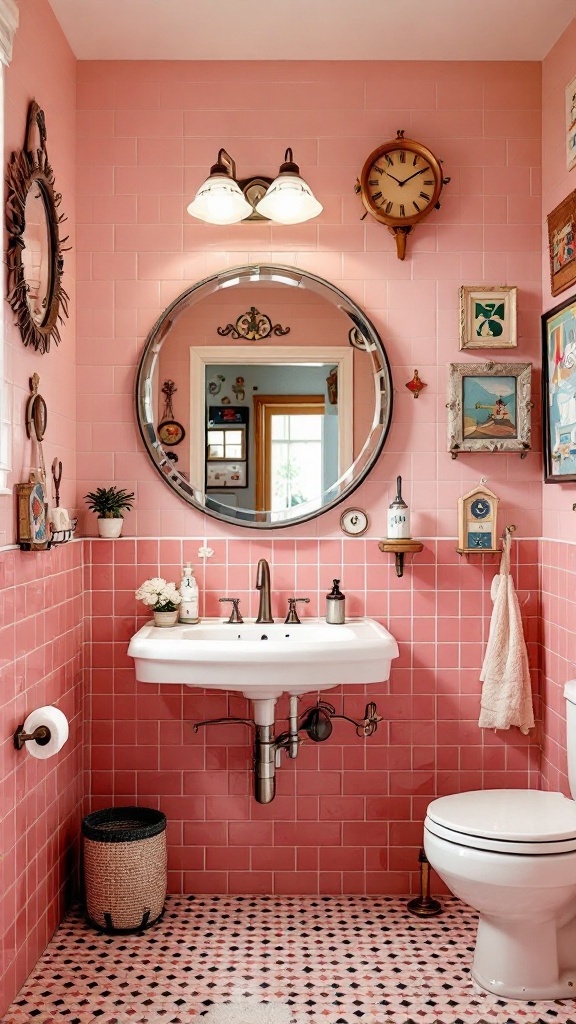 A charming bathroom with old pink tiles, round mirror, vintage clock, and eclectic decor