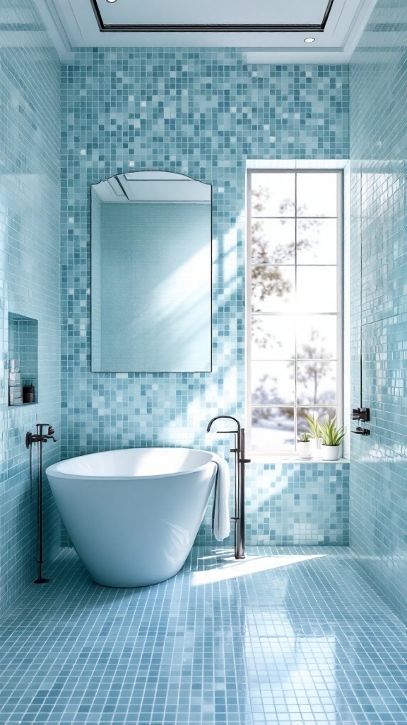 Bathroom featuring light blue mosaic tiles, a freestanding bathtub, and natural light coming from a window.