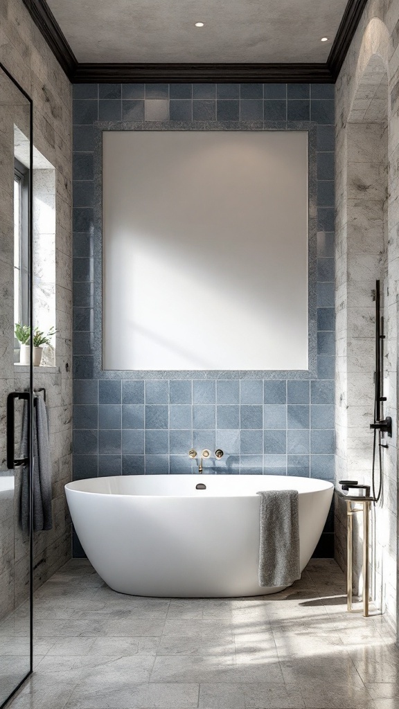 A modern bathroom featuring blue tiles and natural stone, showcasing a freestanding tub and stylish fixtures.