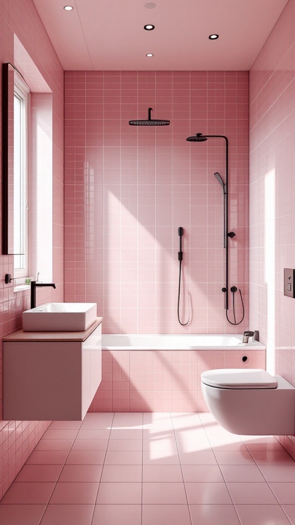 A modern pink tile bathroom featuring a bathtub, shower, and minimalist fixtures