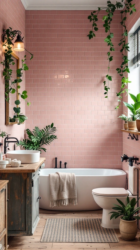 A pink tiled bathroom featuring rustic elements and greenery.