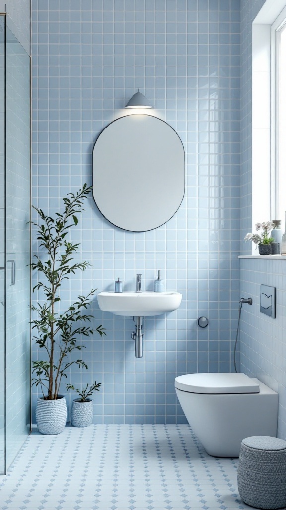 Bathroom with soft blue tiles, white fixtures, and plants