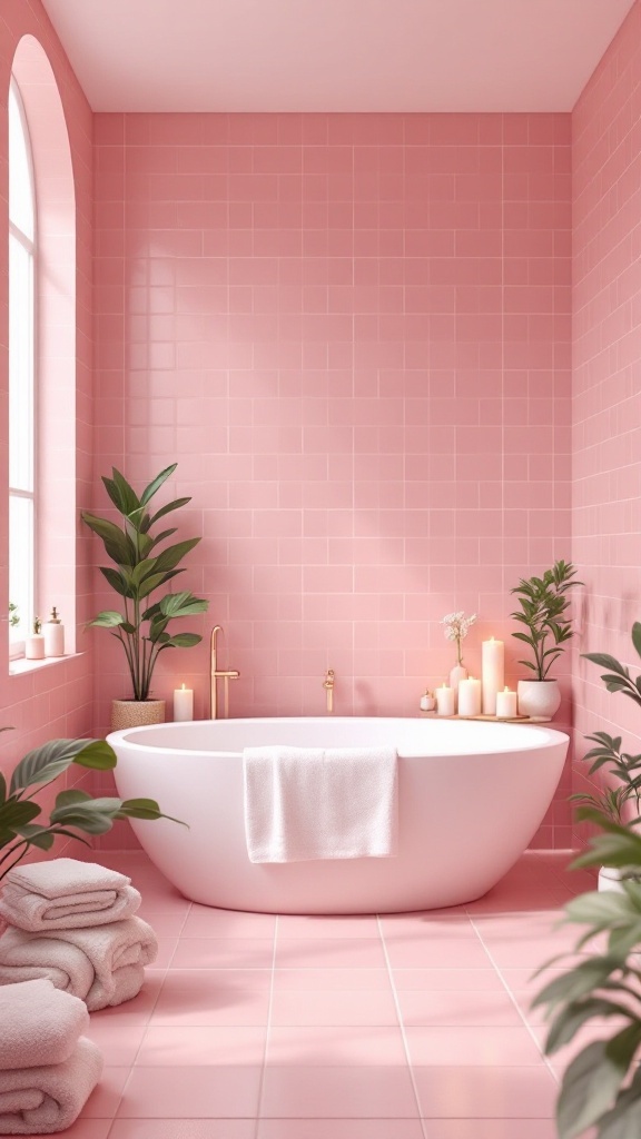 Serene bathroom with pink tiles, a freestanding tub, candles, and plants