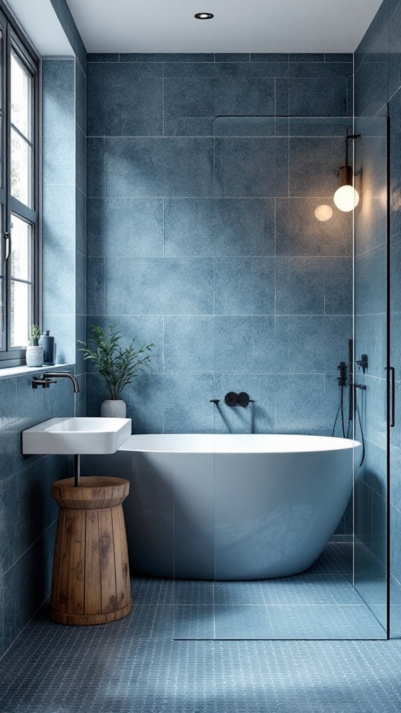 Modern bathroom featuring textured blue tiles, a sleek white bathtub, a wooden stool, and natural elements.