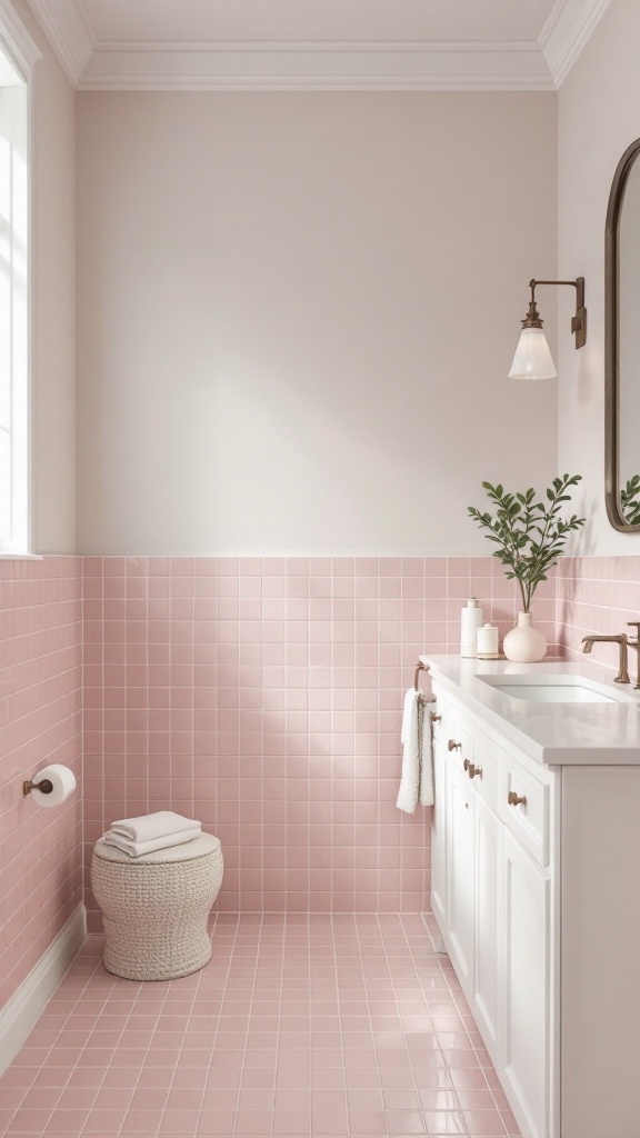 A well-designed bathroom featuring pink tile walls and white cabinetry, with natural light coming in from a window.