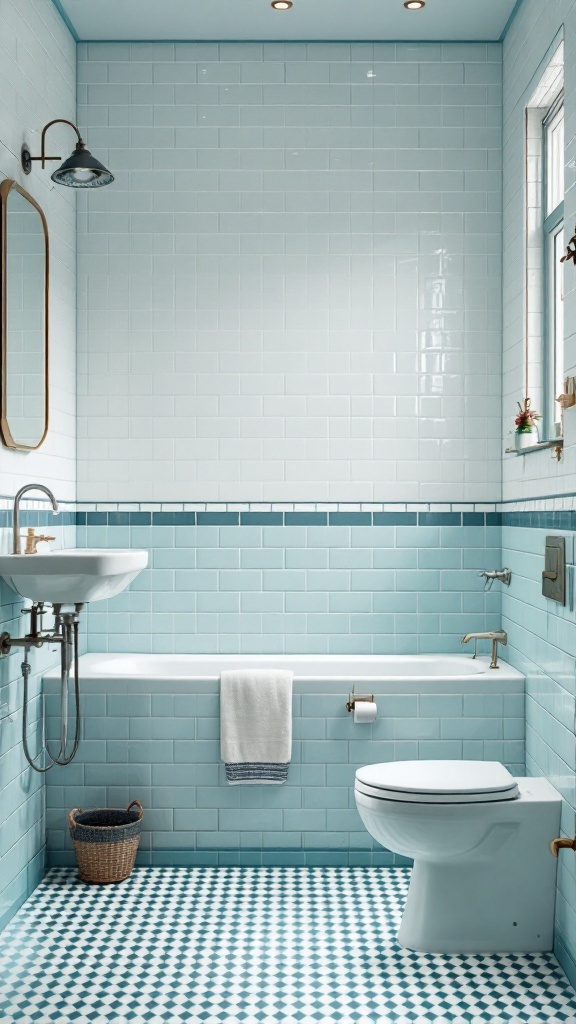 A vintage-inspired blue tile bathroom featuring soft blue wall tiles, a patterned floor, and a cozy atmosphere.