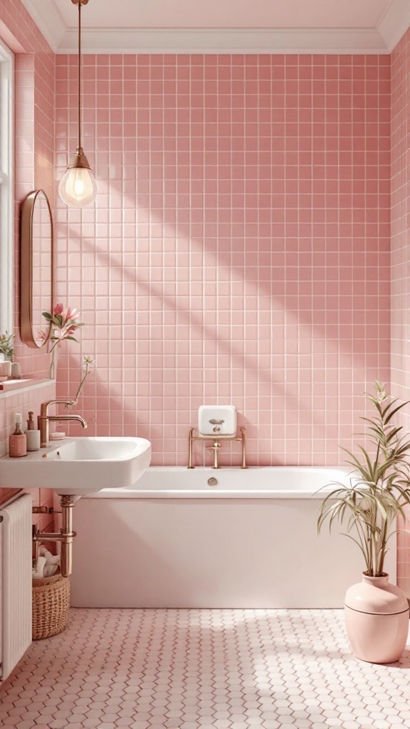 A vintage pink tiled bathroom featuring a white bathtub and sink with natural decor elements.