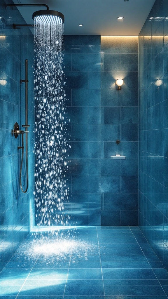 A modern bathroom featuring a waterfall shower with a blue tile surround.