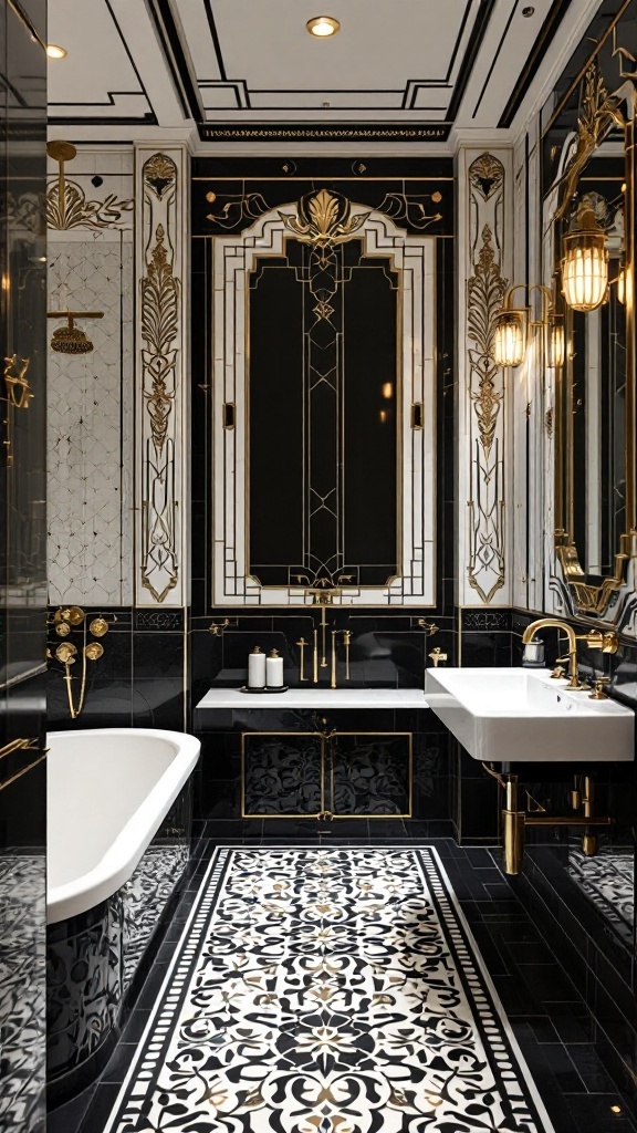 Art Deco style bathroom with black and white tiles, intricate patterns, and golden fixtures.