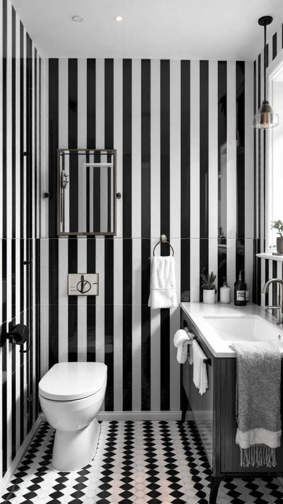 A bathroom featuring bold black and white striped walls with matching patterned floor tiles.