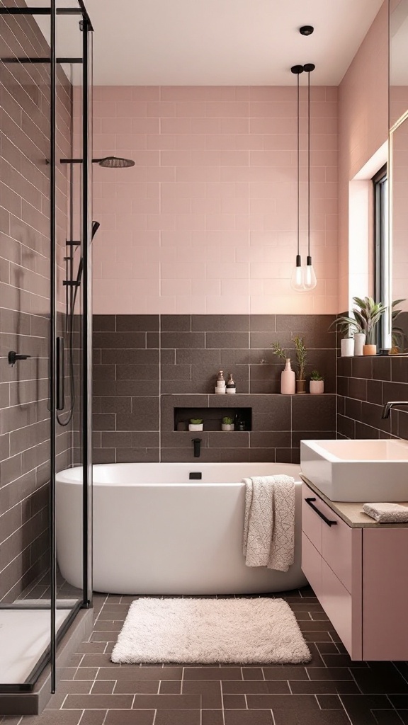 Stylish bathroom with chocolate brown tiles and soft blush accents