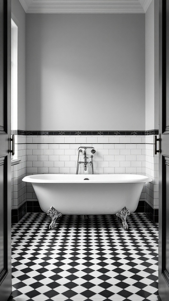 Bathroom featuring classic black and white checkerboard tile floor with a clawfoot bathtub and white subway tile walls