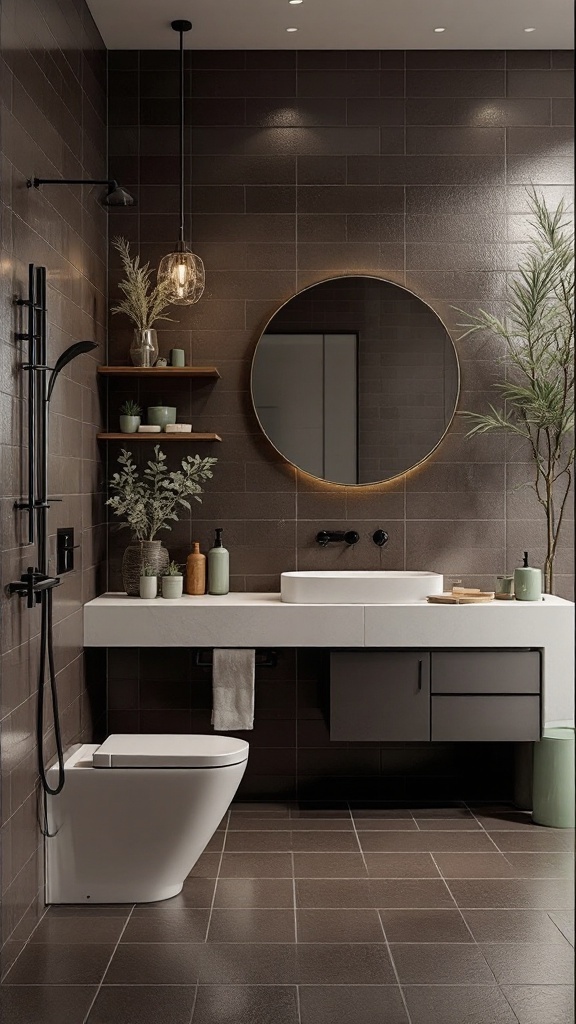 A modern bathroom featuring deep chocolate tiles and light sage accents, showcasing a circular mirror, sleek sink, and stylish decor.