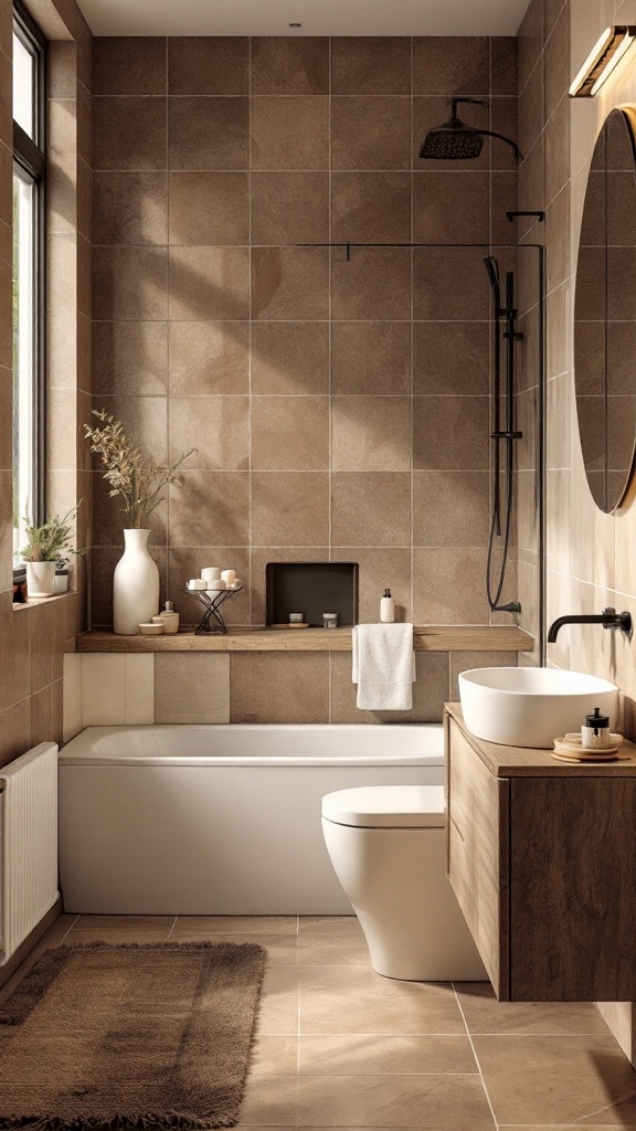 A brown tile bathroom featuring earthy tones and cream accents.