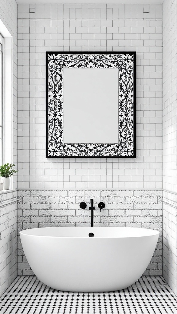 A stylish bathroom with a black and white framed tile artwork above a modern bathtub.