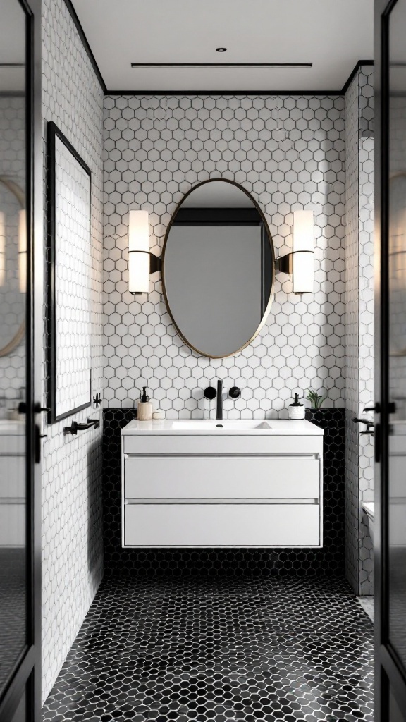 A modern bathroom featuring black and white geometric hexagon tiles on the walls and floor.