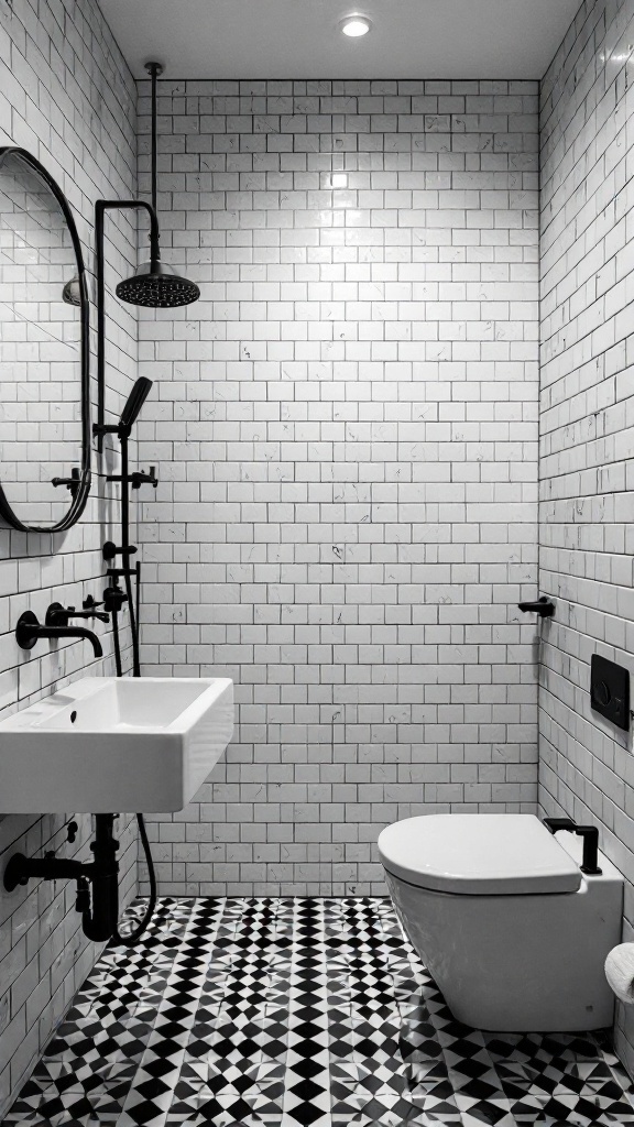 A stylish bathroom featuring an inverted color scheme with white walls and a contrasting black patterned floor.