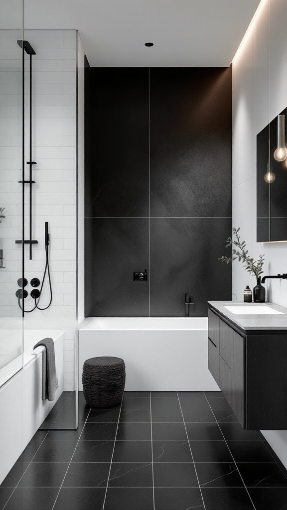 A modern minimalist bathroom with black and white tile design.