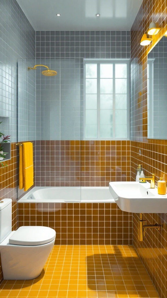 A modern bathroom featuring mosaic brown tiles and vibrant yellow accents with a bathtub and sink.