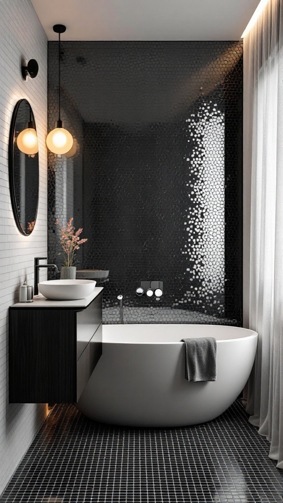 A modern bathroom featuring a black and white mosaic tile pattern, a freestanding bathtub, and stylish decor.