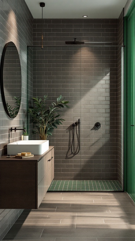 A modern bathroom featuring muted taupe tiles, a bold emerald shower area, and a stylish dark wood vanity.