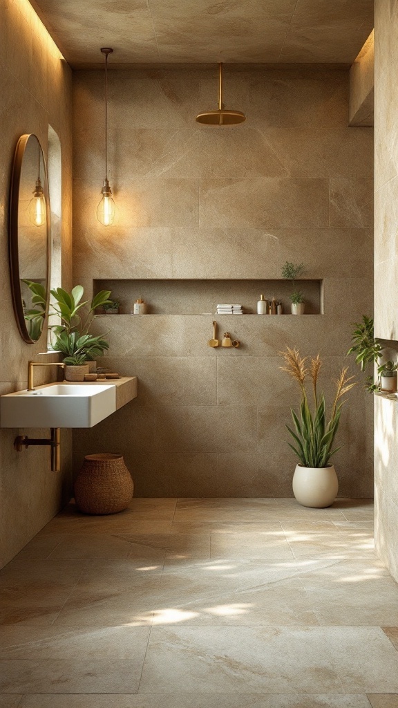 A brown tile bathroom with natural stone walls, a minimalist sink, golden fixtures, and green plants.