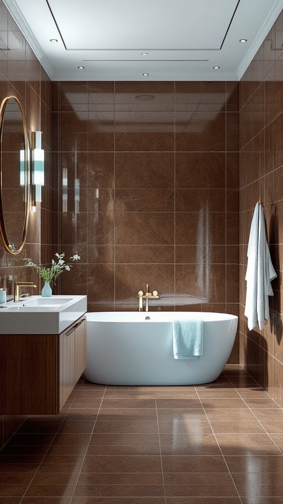 A modern bathroom featuring rich mahogany brown tiles, a white bathtub with a pale blue towel, and elegant lighting.