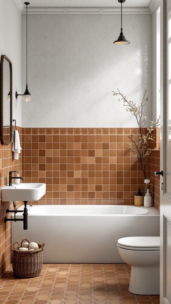 Rustic bathroom featuring brown tiles, white fixtures, and warm decor